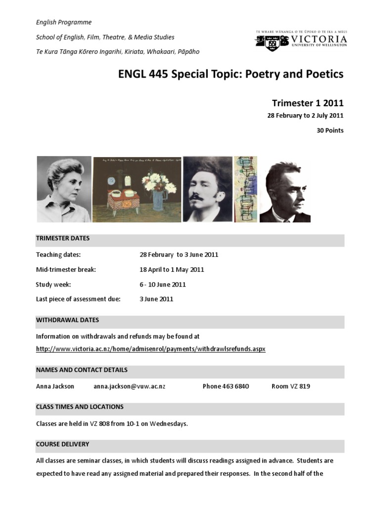 ENGL 445 Special Topic Poetry and Poetics Trimester 1 2011 PDF