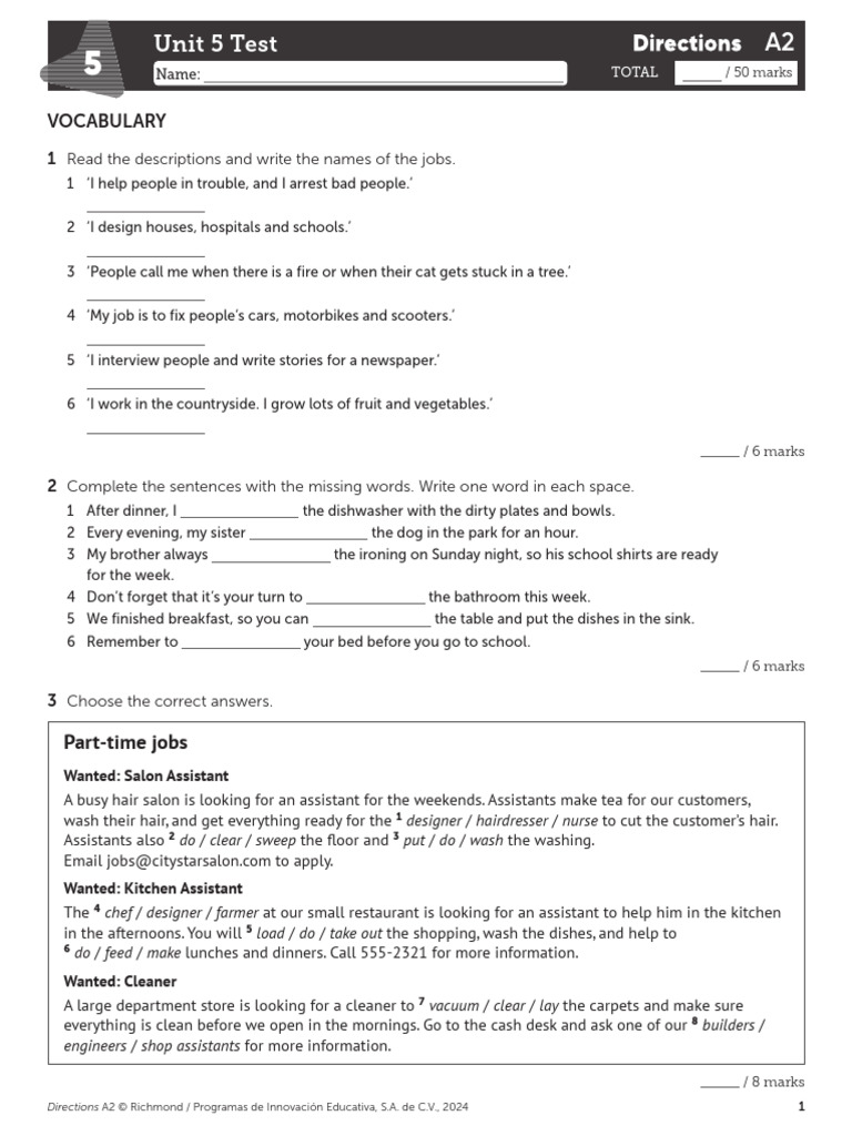 AddRes Directions A2 Tests U5 | PDF