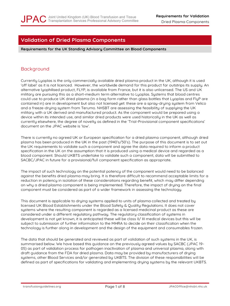 JPAC Validation of Dried Plasma | PDF | Blood Plasma | Phases Of ...