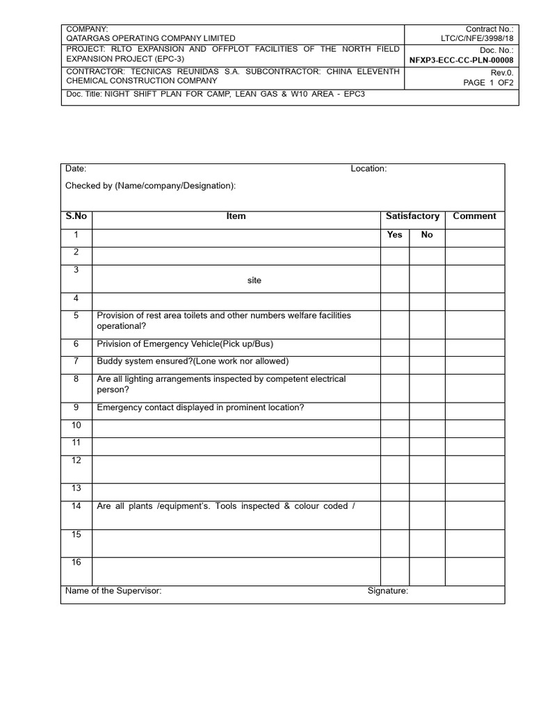 Night Shift Plan For Lean Gas Area | PDF