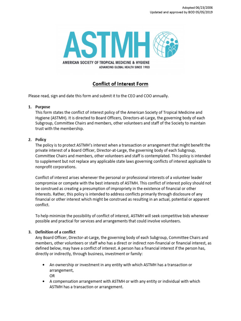 ASTMH Volunteer Conflict of Interest Form | PDF | Conflict Of Interest ...