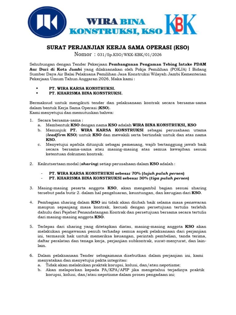 Surat Perjanjian Kerjasama Operasi Kso Pt. WKK - PT | PDF