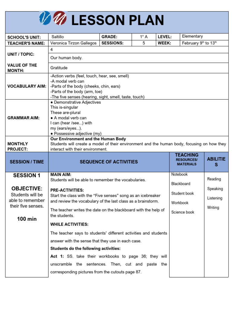 Lesson Plan 2nd Week February Elementary | PDF | Reptile | Senses