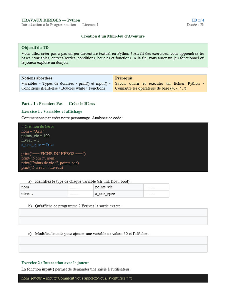 TD Python Jeu Aventure | PDF | Python (Langage de programmation) | Gaming