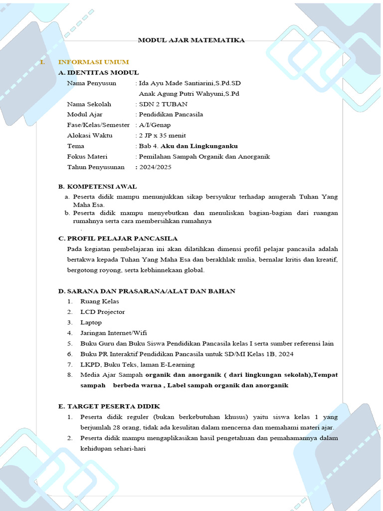 Modul Ajar Pendidikan Pancasila Kelas 1 - ADIWIYATA | PDF