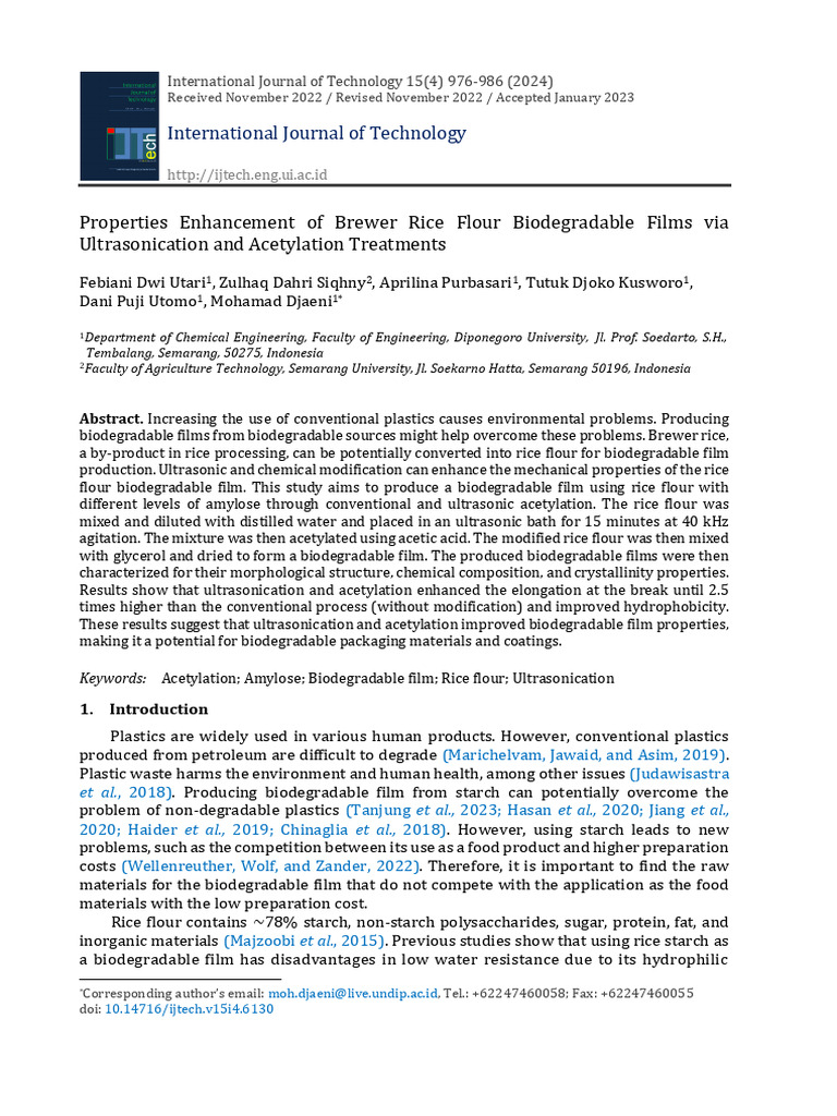 IJTech CE 6130 Properties Enhancement of Brewer Rice Flour Biodeg | PDF ...