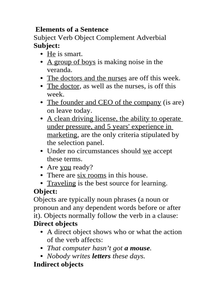 Elements of A Sentence | PDF | Object (Grammar) | Verb