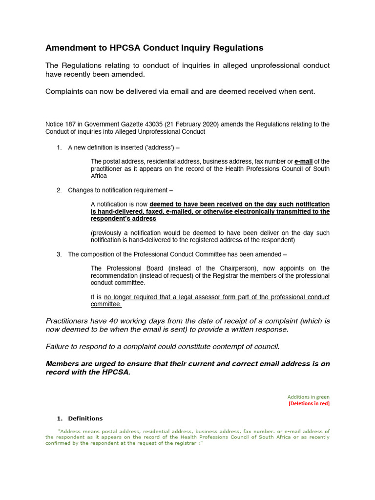 Ammended Hpcsa Regulations | PDF | Government | Justice