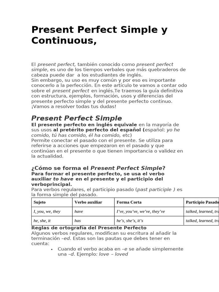 Present Perfect Simple y Continuous | PDF | Verbo | Unidades Semánticas