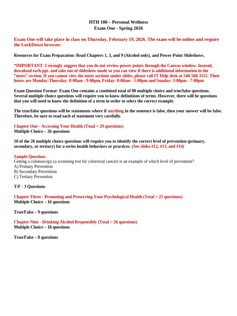How To Prepare For HTH 100 Exam One | PDF