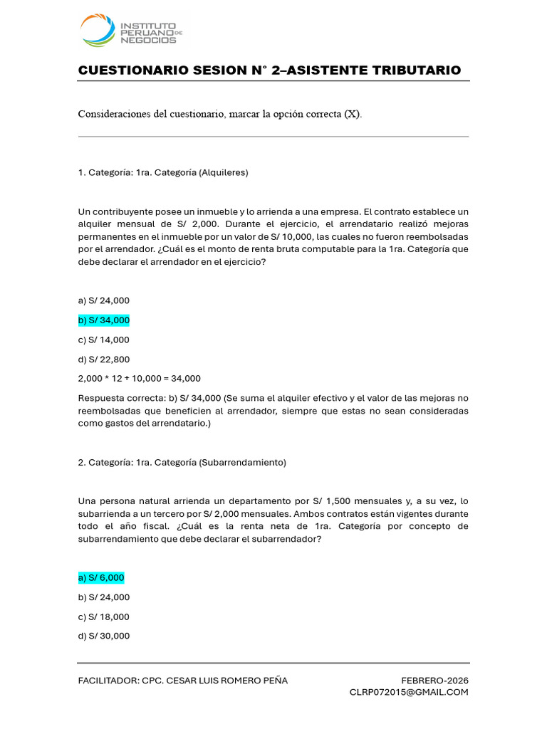 Cuestionario Sesion Nro. 02 | PDF | Impuesto sobre la renta | Impuestos
