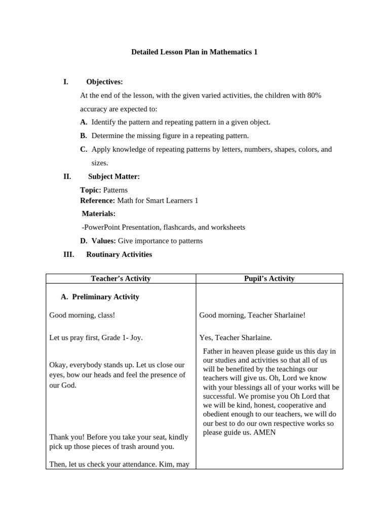 Detailed Lesson Plan in Math 1 Repeating Patterns | PDF | Lesson Plan ...