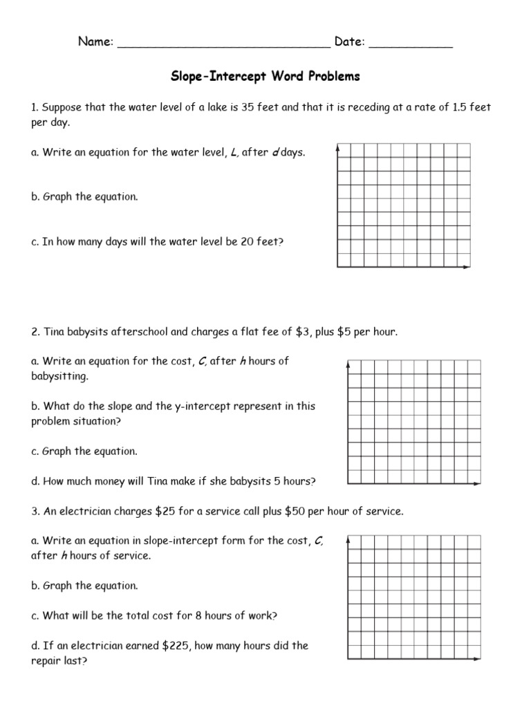 Name: - Date: - : Slope-Intercept Word Problems | PDF