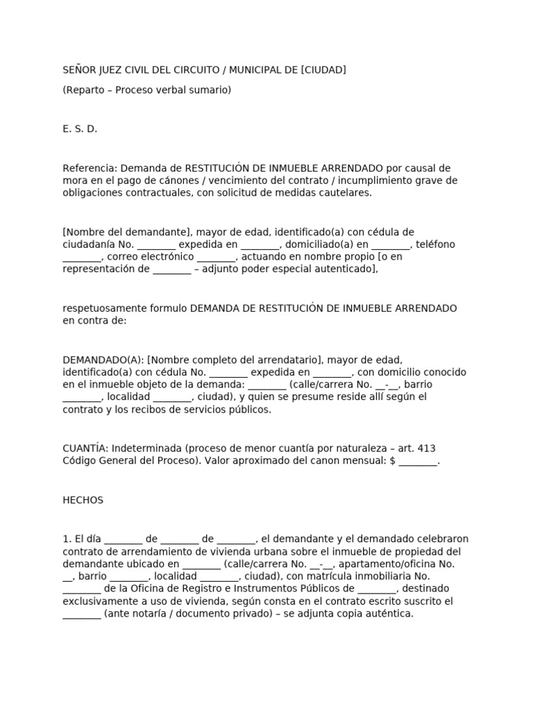 Demanda de RESTITUCIÓN DE INMUEBLE ARRENDADO | PDF | Mandato | Justicia