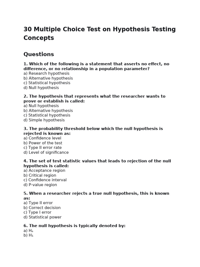 30 Multiple Choice Test On Hypothesis Testing Concepts | PDF | Type I ...