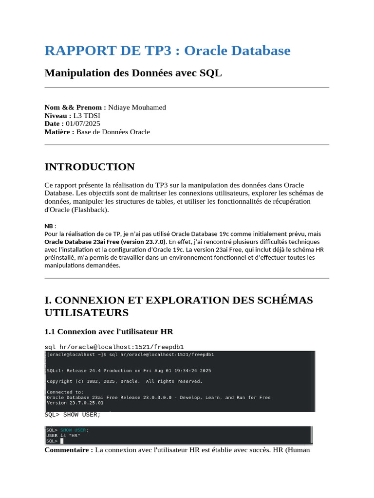 Rapport de Tp3 | PDF | SQL | Base de données Oracle