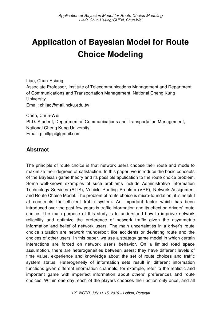 Bayesian Model for Route Choice Analysis | PDF | Computers | Technology ...