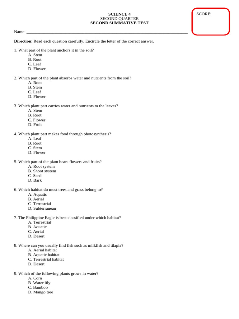 2nd Quarter Sci - 2nd Summative Test | PDF | Habitat | Plants