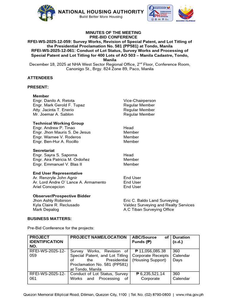 Minutes of Pre Bid Conference RFEI WS 2025 12 059 - 061 - 12182025 | PDF