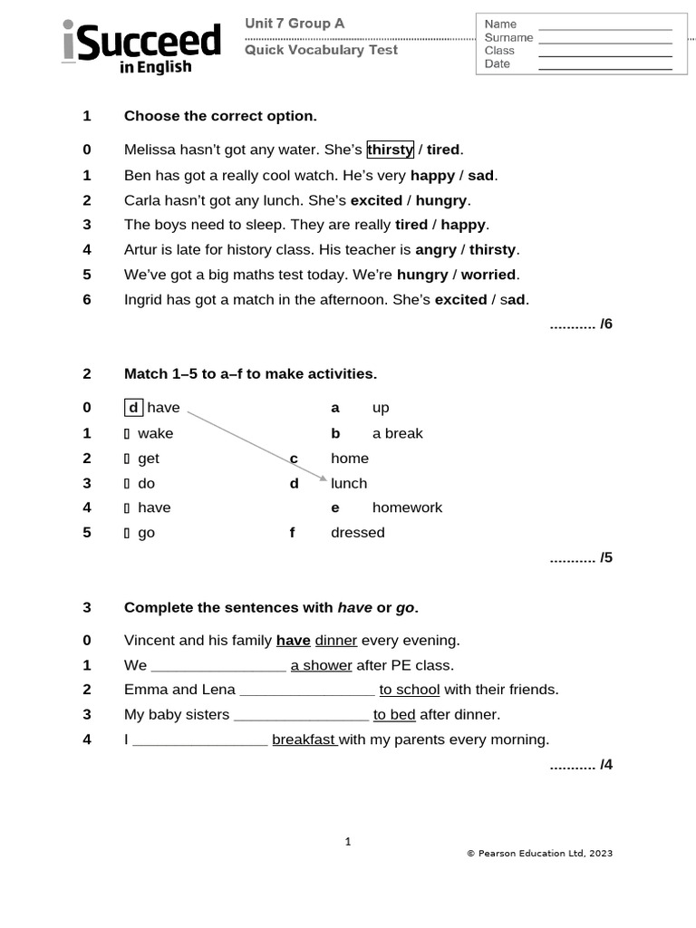 ISucceed in English Level 1 Unit 7 Group A Quick Test Vocabulary | PDF
