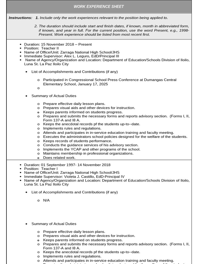 Sample CS Form No. 212 Attachment - Work Experience Sheet | PDF