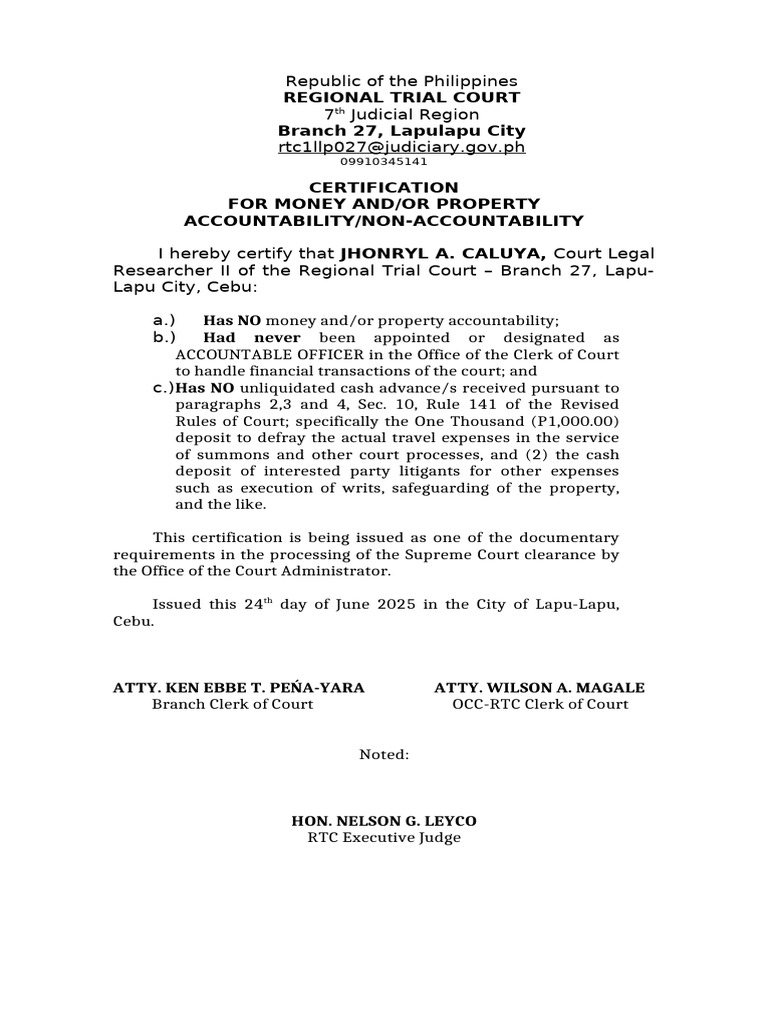 Certification of No Money or Property Accountability | PDF
