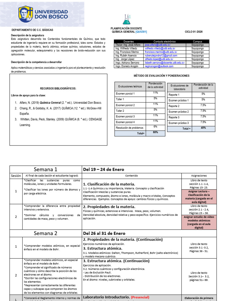 Planificación Química General QUG 501 Ciclo 01-2026 | PDF | Enlace ...