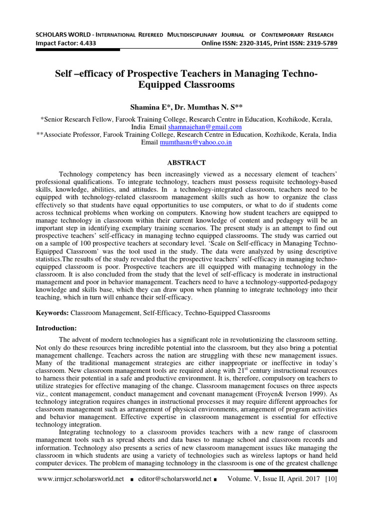 Self - Efficacy of Prospective Teachers in Managing TechnoEquipped ...