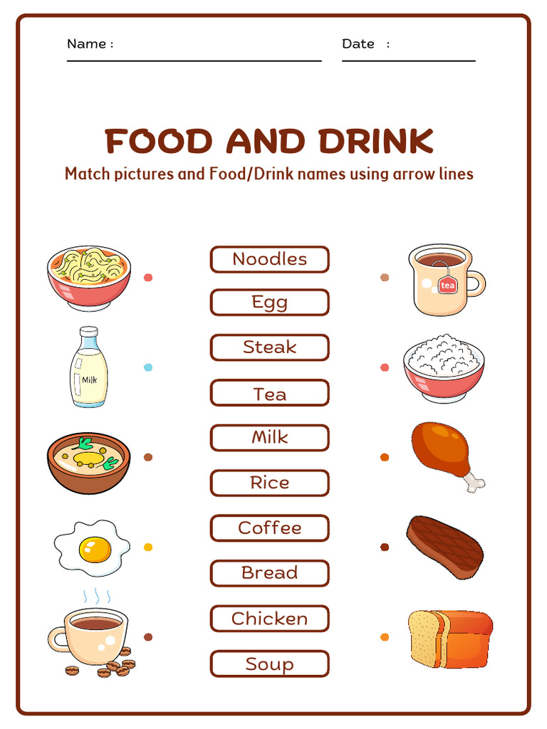 Food and Drink Vocabulary Worksheet in Brown White Illustration Style | PDF