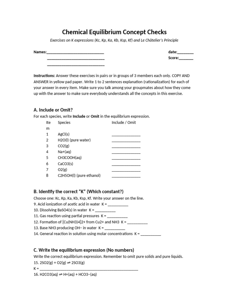 Equilibrium Concepts Exercises | PDF | Chemical Equilibrium | Acid