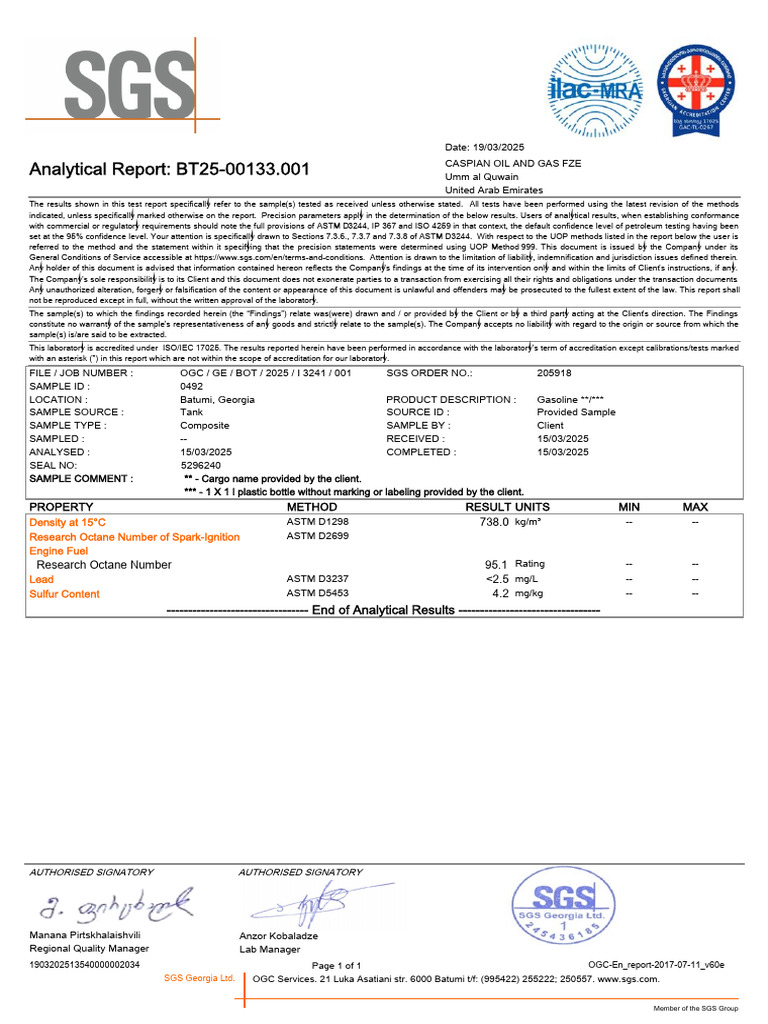 SGS REPORT GASOLINE(BATUMI) | PDF