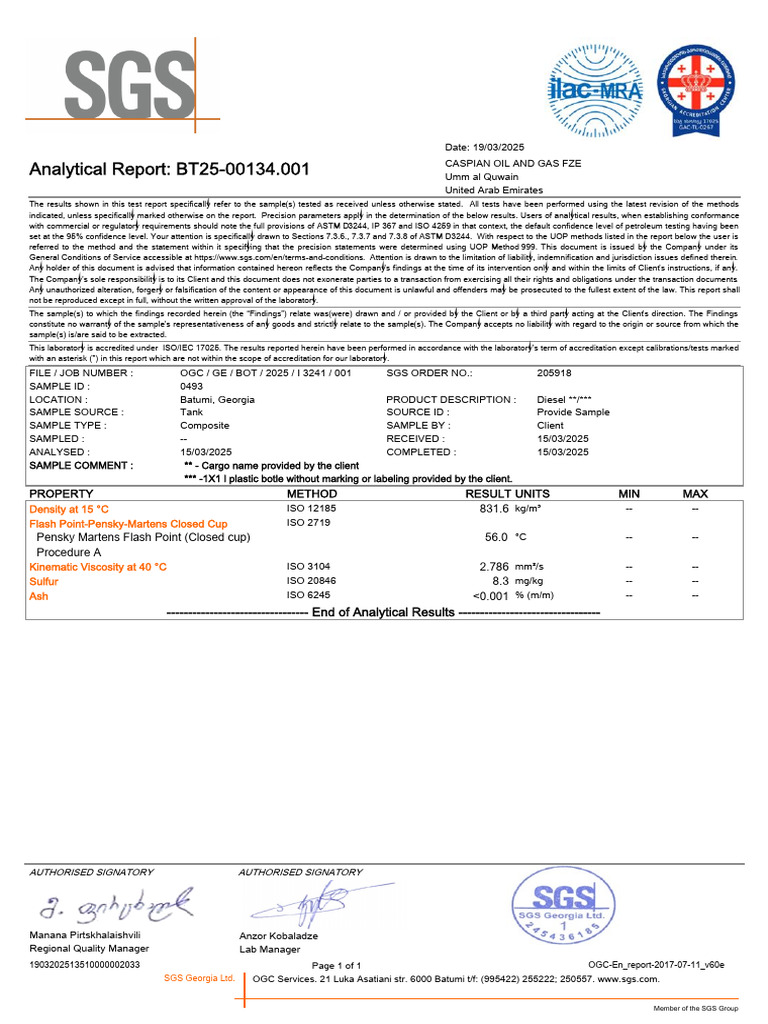 SGS Report Diesel (Batumi) | PDF