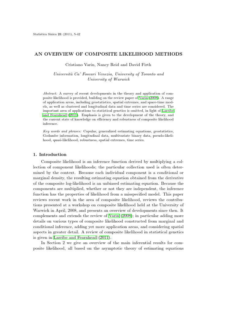 Varin Et Al. - 2011 - An Overview of Composite Likelihood Methods | PDF ...