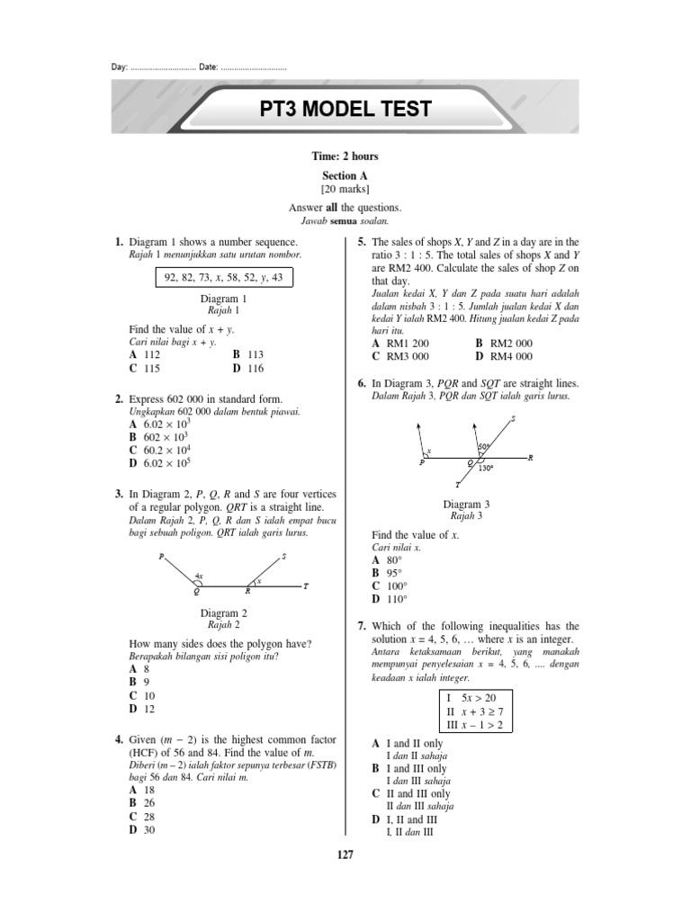 Math Form 3 PT3 Set 1 | PDF