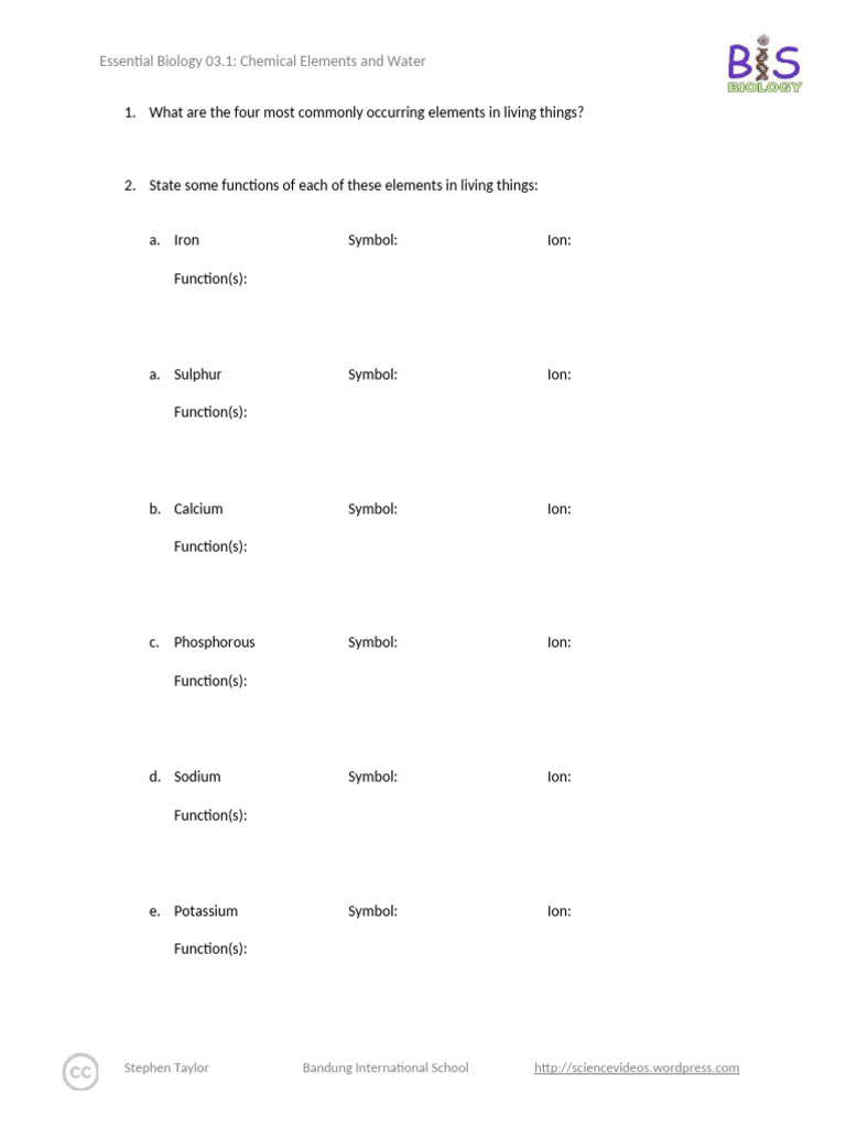 Essential Biology 03.1 Chemical Elements and Water | PDF