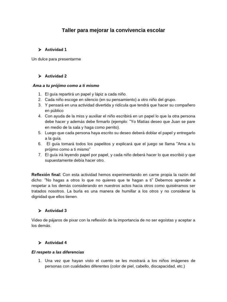Taller para Mejorar La Convivencia Escolar | PDF