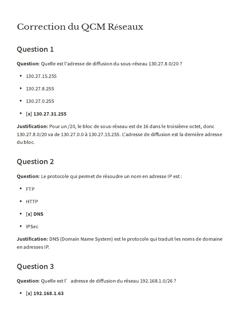 QCM Correction | PDF | Adresse IP | Protocoles Internet