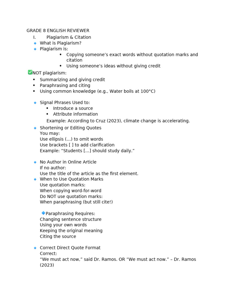 Grade 8 English Coverage | PDF | Ellipsis