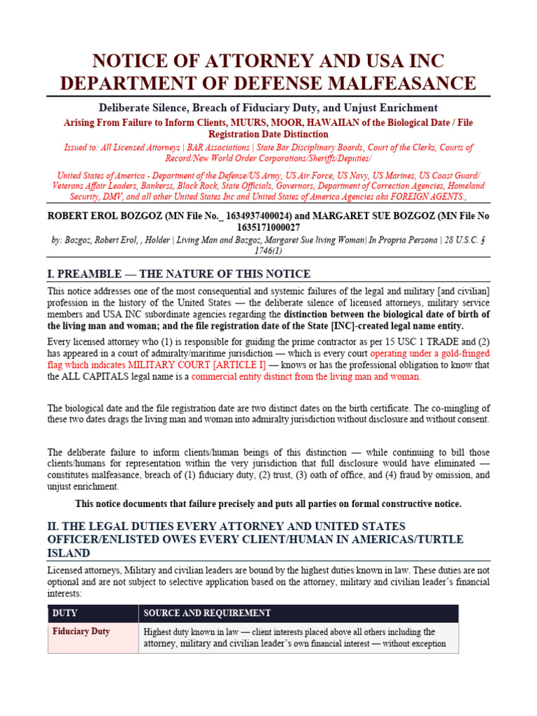 Notice of Attorney and Usa Inc Department of Defense Malfeasance | PDF ...