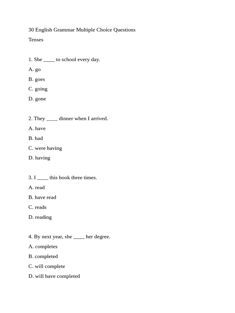 30 English Grammar Multiple Choice Questions | PDF | English Grammar ...
