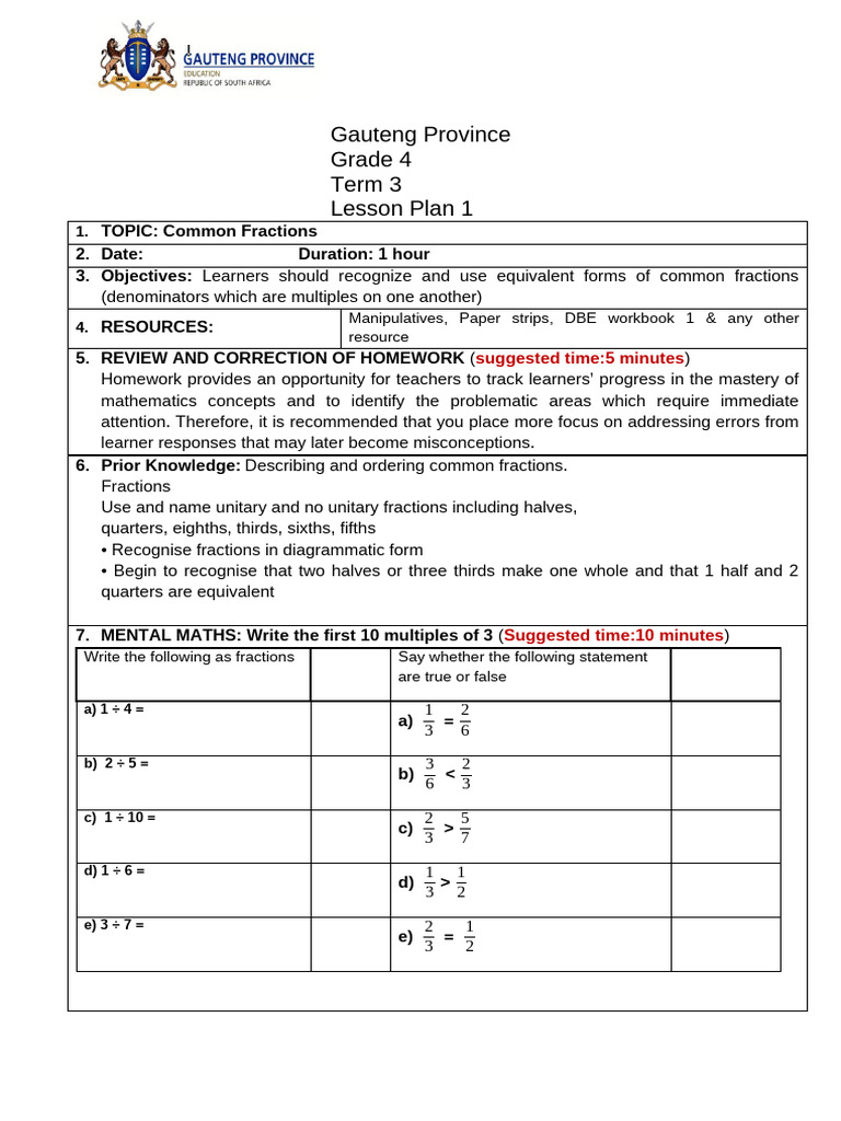Grade 4 Common Fractions Lesson Plan 1 + Activity | PDF