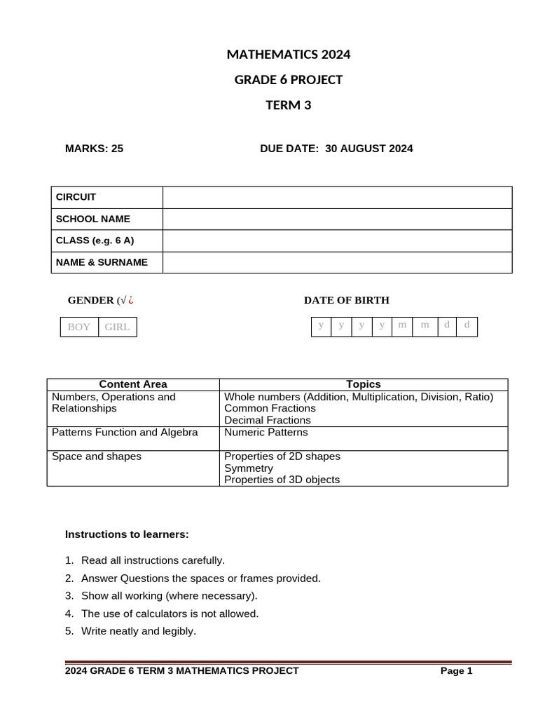 Grade 6 Mathematics Project Term 3 2024 - 051405 | PDF | Mathematics ...