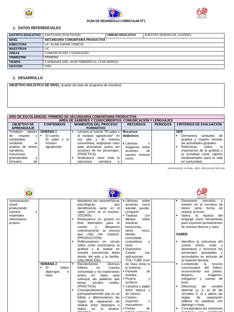 Formato PDC Secundaria Lourdes 2026 | PDF | Plan de estudios | Lingüística