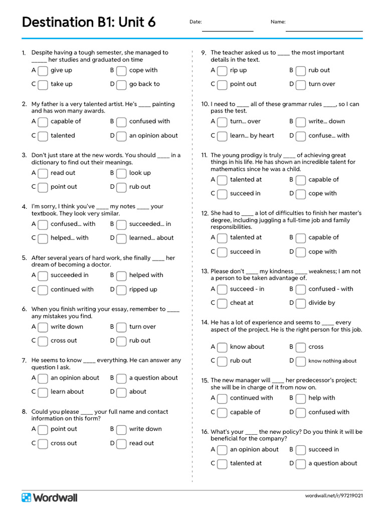 Destination b1 Unit 6 Quiz | PDF | Chess Theory | Chess