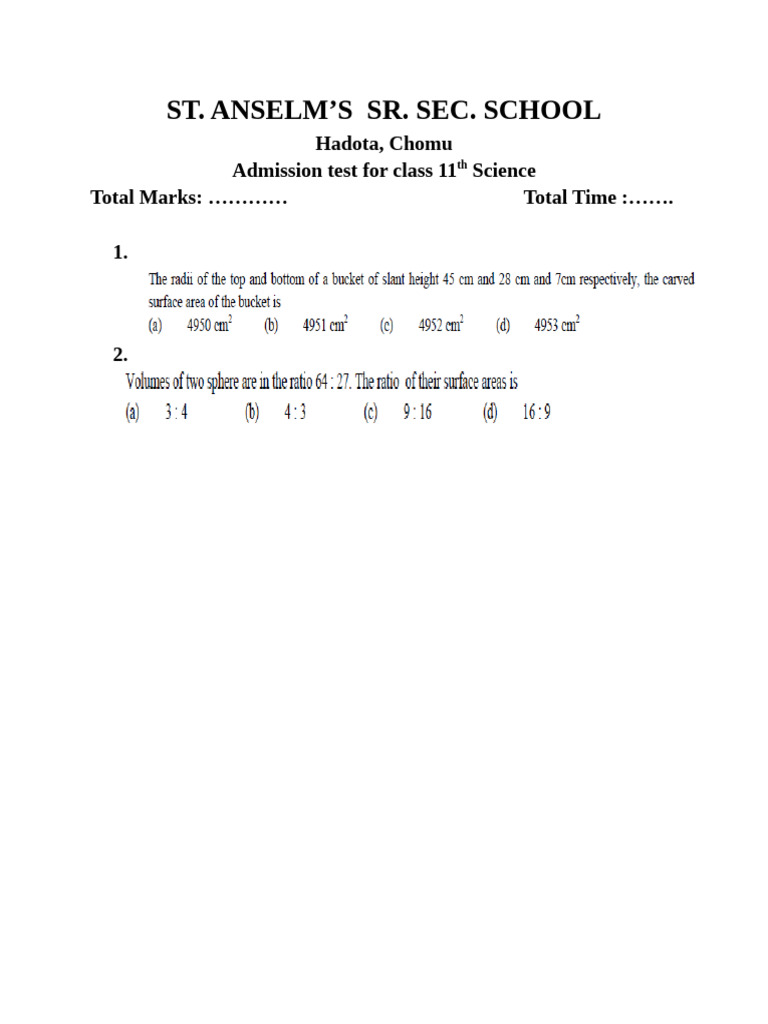 Admission Test For Class 11 | PDF