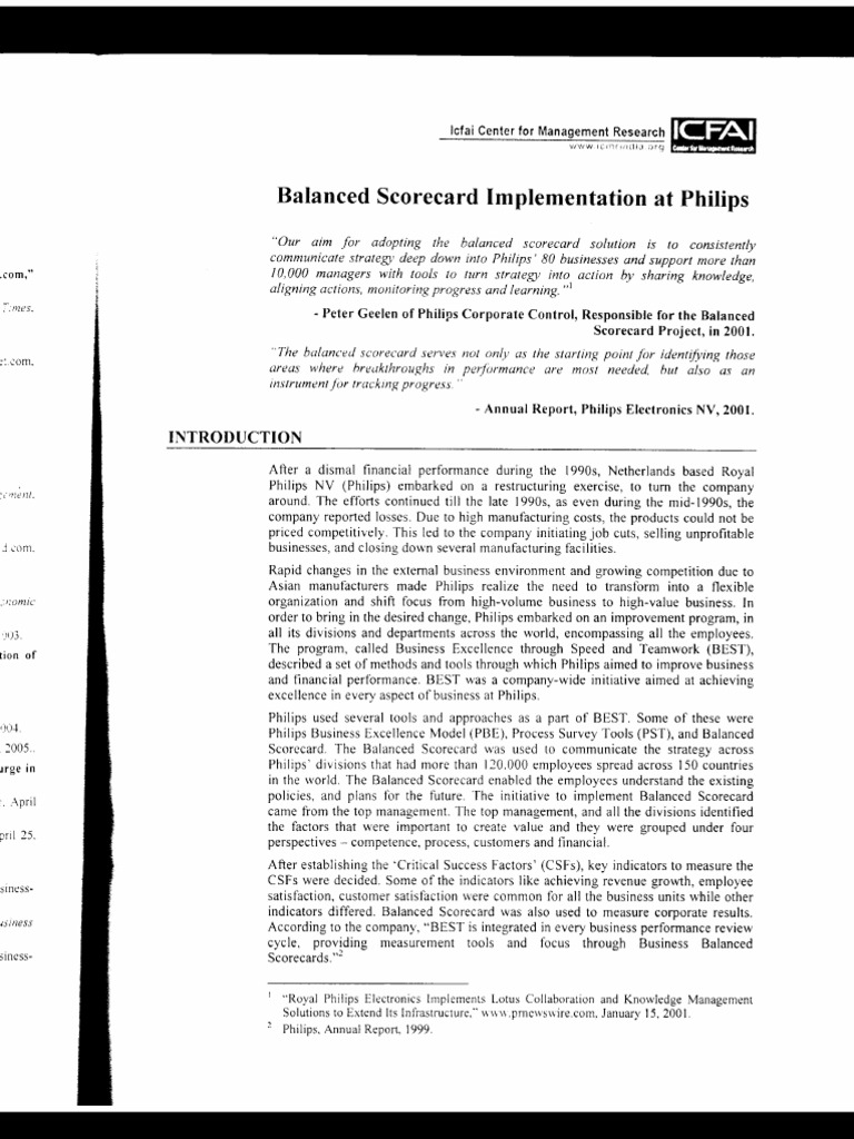 Balanced Scorecard Implementatio | PDF | Philips | Strategic Management