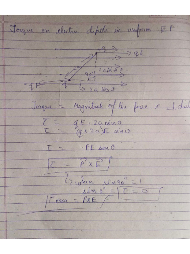 Class 12 Physics Chp 1 Torque on a Dipole in an Electric Field | PDF