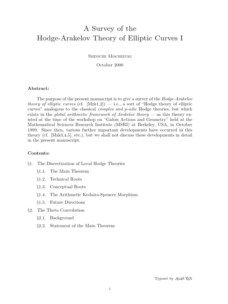 A Survey of The Hodge-Arakelov Theory of Elliptic Curves I | PDF ...