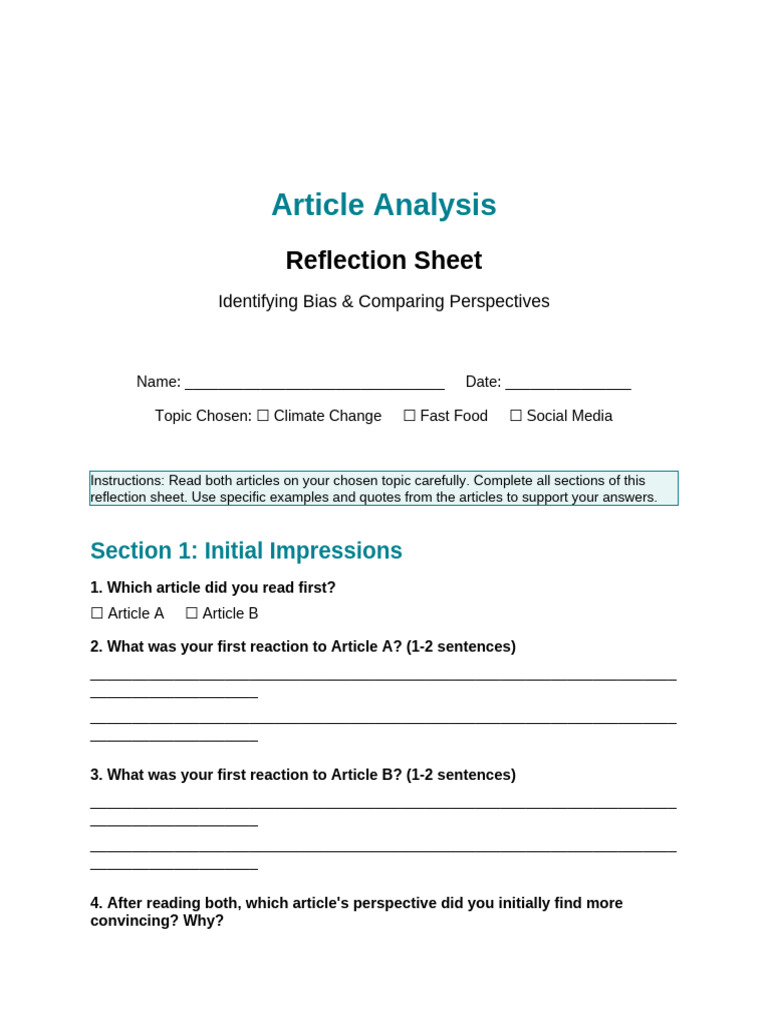 Article Reflection Sheet | PDF | Critical Thinking | Bias