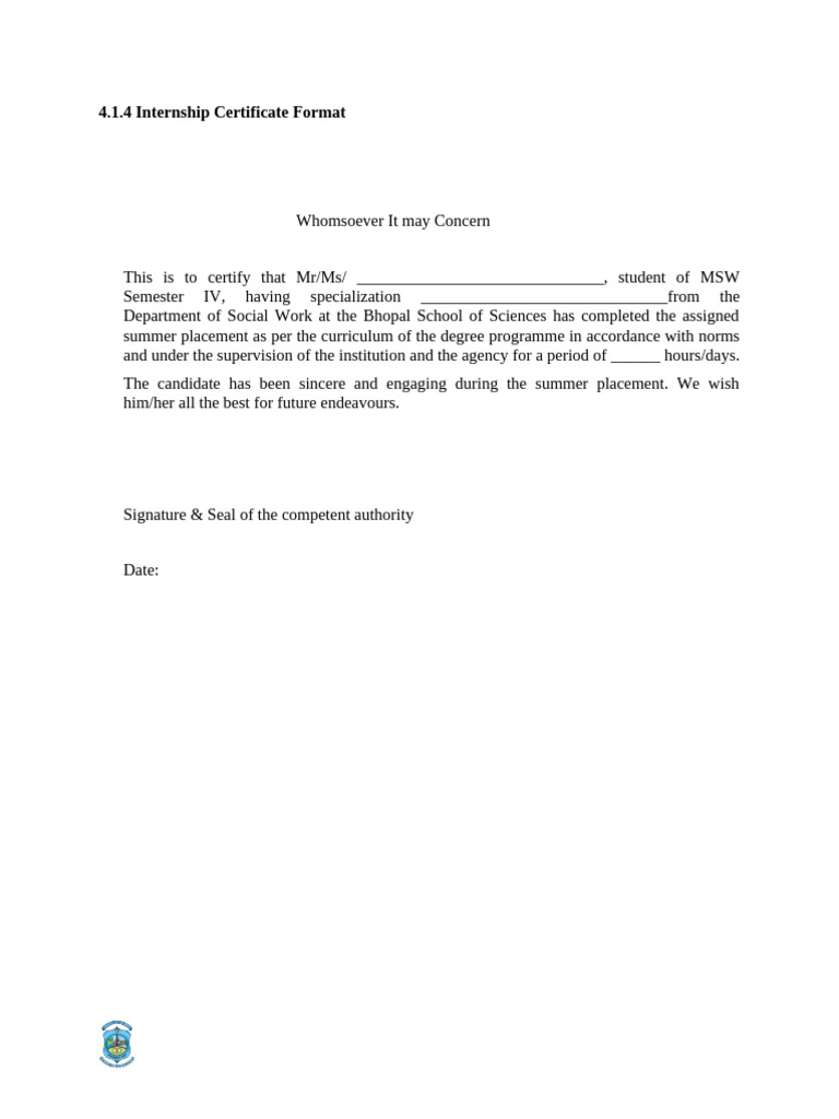 4.1.4 Internship Certificate Format | PDF